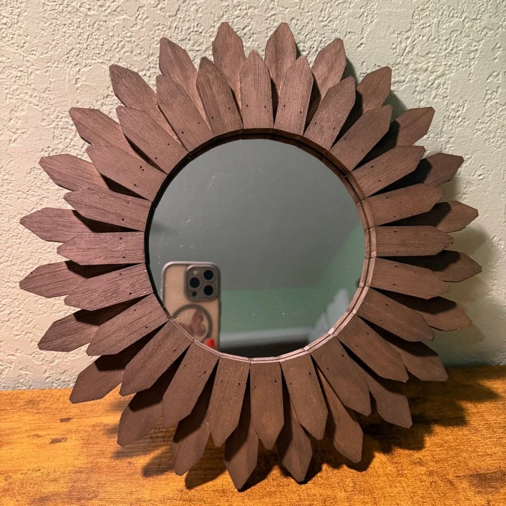 Rustic Wood Sunburst Wall Mirror Round Weathered Brown Farmhouse Decor 12